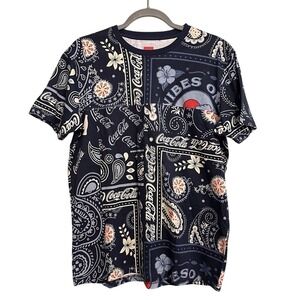 Staple Coca-Cola T-Shirt Mens Small Navy Blue Bandana Paisley All Over Print Tee